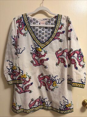 Gretchen Scott Designs White V-Neck Dragon Print Tunic with Pink, Blue & Yellow
